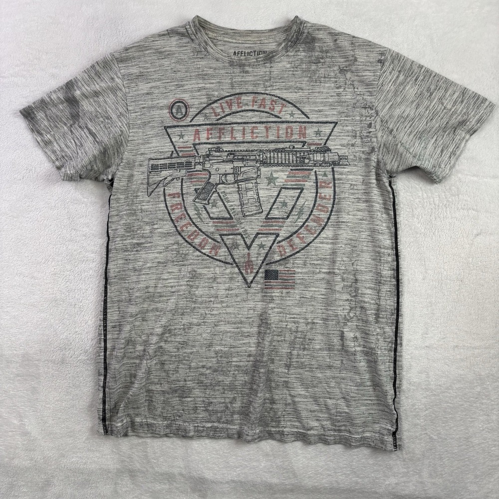 Y2K Affliction Freedom Defender Grey Short Sleeve Graphic Shirt Men's Large